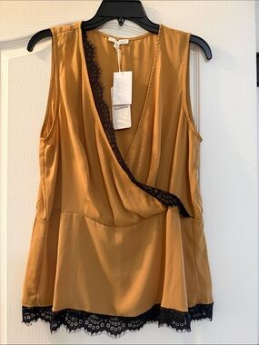 Pleione Mustard Gold V-Neck Satin-Look Shell with Black Lace